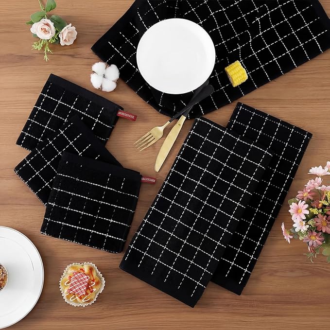 Homaxy Kitchen Towels and Dishcloths Set, 12 x 12 and 13 x 28 Inches, Set of 8 Bulk Cotton Terry Kitchen Towels Set, Checkered Designed, Soft and Super Absorbent Dish Towels, Black