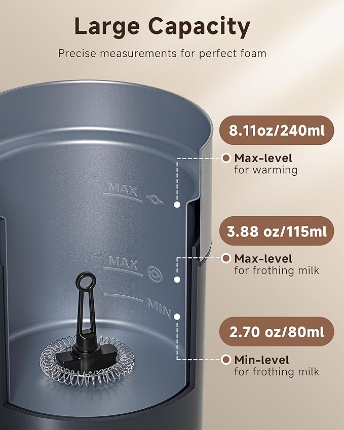IPX6 Waterproof Electric Milk Frother and Steamer – 4-in-1 Coffee Frother for Hot & Cold Foam, Single-Button Control, Quick 80s Frothing, Milk Steamer for Lattes & Cappuccinos