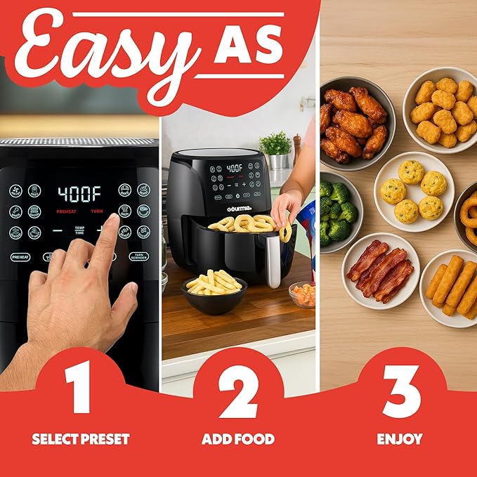 Gourmia Air Fryer - 4 Qt Capacity, FryForce360º, Digital Display with 8 Presets, Roast, Bake, Broil, Dehydrate, Dishwasher Safe Accessories, Compact, Black