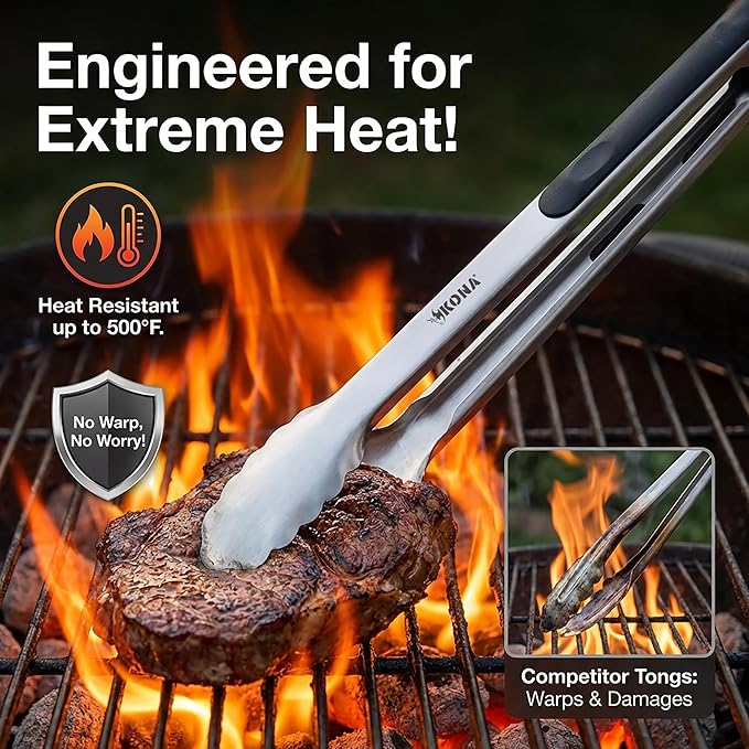 Kona Premium Stainless-Steel Locking Grill Tongs 18 inch, Sturdy, Heavy Duty Tongs - Great for Cooking, Grilling, and Barbecue (BBQ)