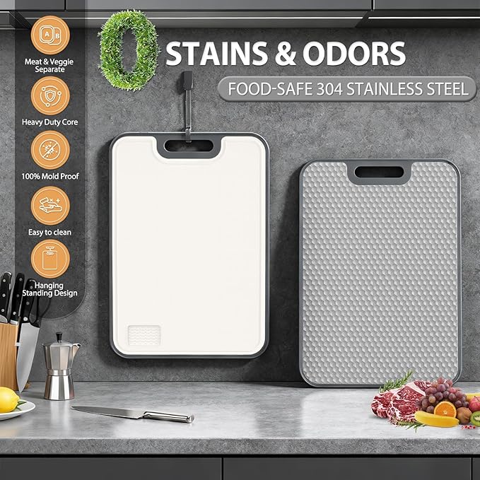 18/8 Stainless Steel Cutting Board, Large Double Sided Chopping Board for Kitchen (17x12"), Food-Grade 304 & Wheat Straw PP, Deep Juice Grooves, Non-Slip & Dishwasher Safe