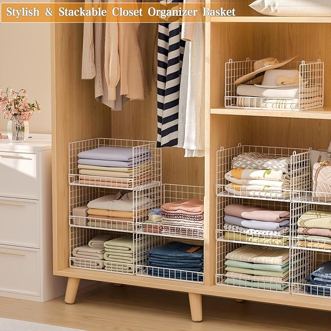 Yociyoga Closet Organizers and Storage Basket- 3-Tier Stackable Storage Bins, Foldable Closet Shelf Organizer Basket, Stackable Clothes Organizers Shelves for Home Organizer System