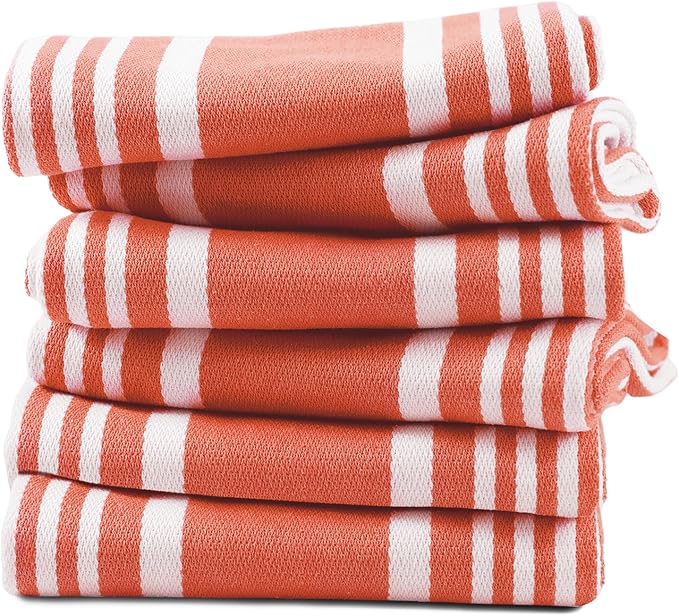 TEXAS LINEN CO. American Stripe Kitchen Towels 100% Cotton Pack of 6, Highly Absorbent Quick Drying, Soft Dish Towels 20x30 Inch for Kitchen w Hanging Loop, Hand & Tea Towel - Orange & White Striped