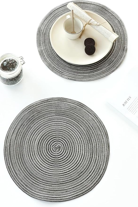 Floroom 15 Inch Round Braided Placemats Set of 4, Washable Heat Resistant Cotton Polyester Circle Place Mats for Kitchen Dining Table - Mist Grey