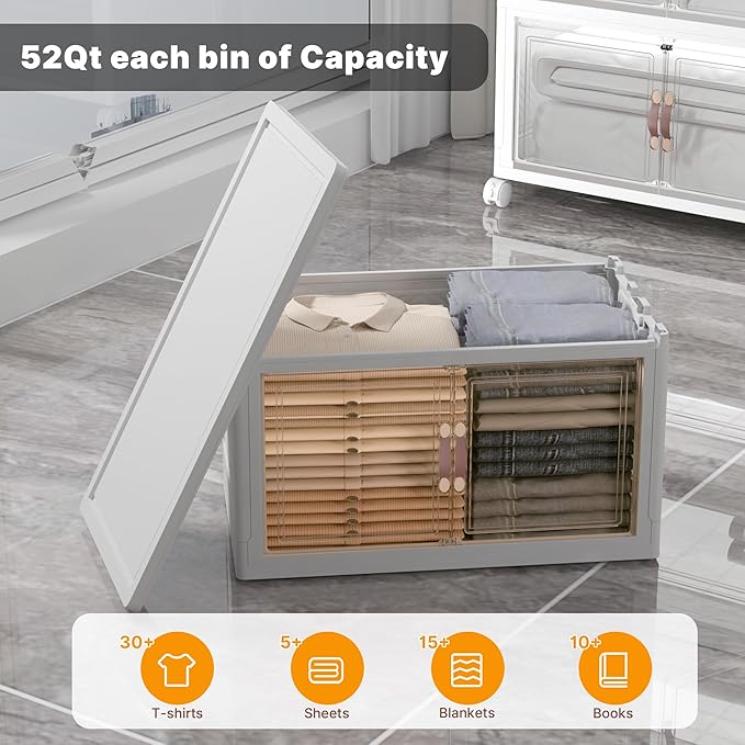 UAMFURI Stackable Storage Bins with Lids, 312QT Closet Organizers and Storage with Doors and Wheels, Extra Large Storage Cabinet, Collapsible Plastic Drawers for Bedroom Dorm Office Garage