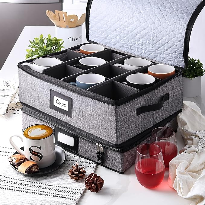 Hearth & Harbor Coffee Mug Storage, Quilted and Stackable Coffee Cup Storage Organizer for Service of 12, Mug Storage Box with Dividers, China Containers Hard Shell for Moving and Organization, Grey