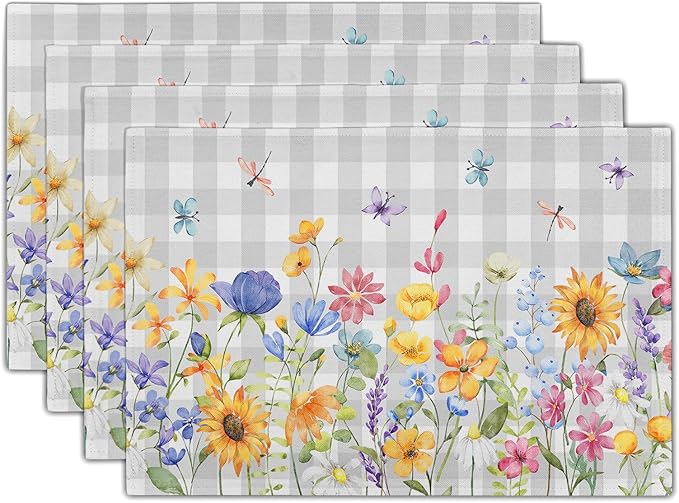 Giwawa Spring Floral Placemats, 12"x18" Summer Flowers Grey Checkered Linen Table Mats Set of 4, Watercolor Wildflower Butterfly Washable Heat Resistance for Seasonal Kitchen Dining Decor