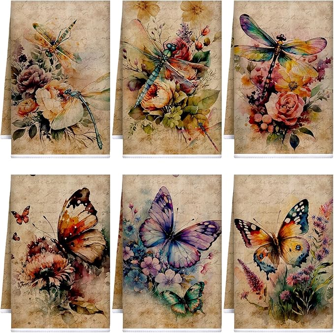 Bencailor 6 Pcs Butterfly Flower Kitchen Towels Decorative Sets Dish Towels Absorbent Fast Drying Hand Tea Vintage Hanging Reusable Cleaning Dishcloths for Cooking Farmhouse Bathroom Accessory