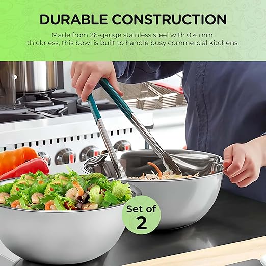 OCS Parts 5 Quart Mixing Bowls | Set of 2 | 11.25-Inch Stainless Steel Professional Grade Flat Base Mixing Bowls for Home and Commercial Kitchens | Dishwasher Safe