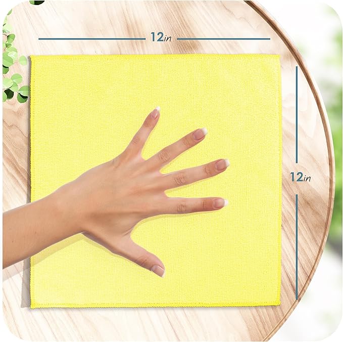 Hearth & Harbor Microfiber Cleaning Cloth Set - 12 Pack Yellow Washcloths, 12''x12'' Reusable Towels for Cars, Lint-Free Rags (V-HH-Cloth-M-12-Ylw)