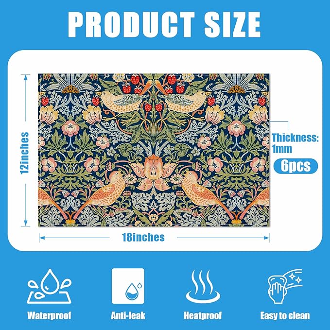 Strawberry Thief William Morris Placemats Set of 6, Floral Bird Washable Linen Place Mat Heat Resistant Non Slip Kitchen Dining Table Mats 12x18 Inch