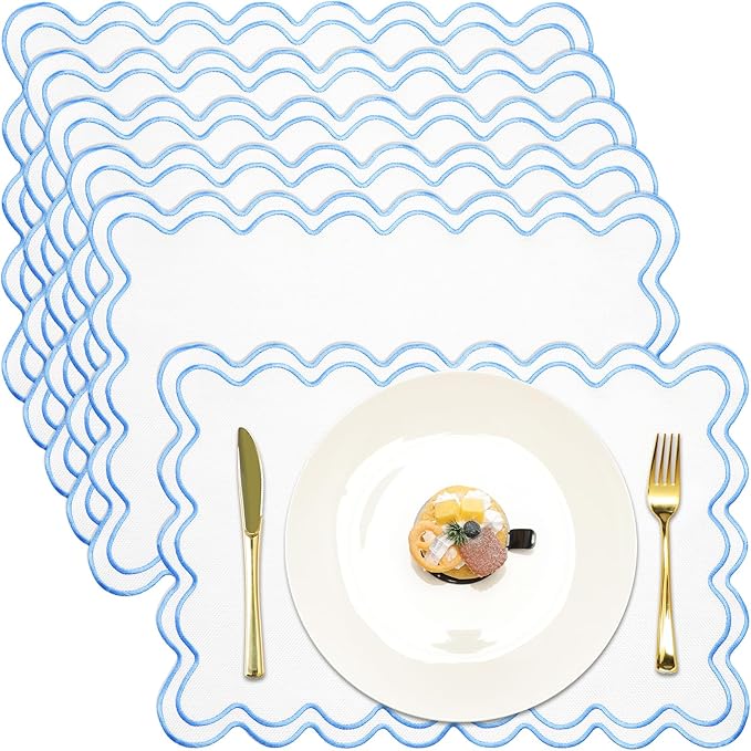 HunnmingRe Set of 6 Cotton Linen Placemats, 13x19 Inch Scalloped Wavy Embroidery Placemat Double Layered Washable Rustic Rectangle Dinner Table Mats for Wedding Home Decor(White with Blue)