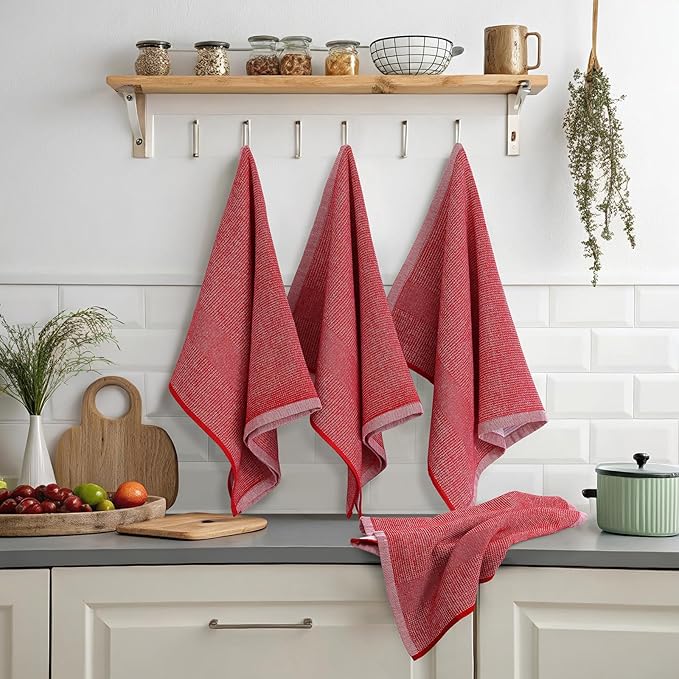 Mordimy Premium Kitchen Towels 6 Pack (18 x 28 Inches, Red), Large Cotton Kitchen Hand Towel, Flat & Terry Dish Towels for Drying Dishes, Super Absorbent Tea Dishtowels Set with Hanging Loop