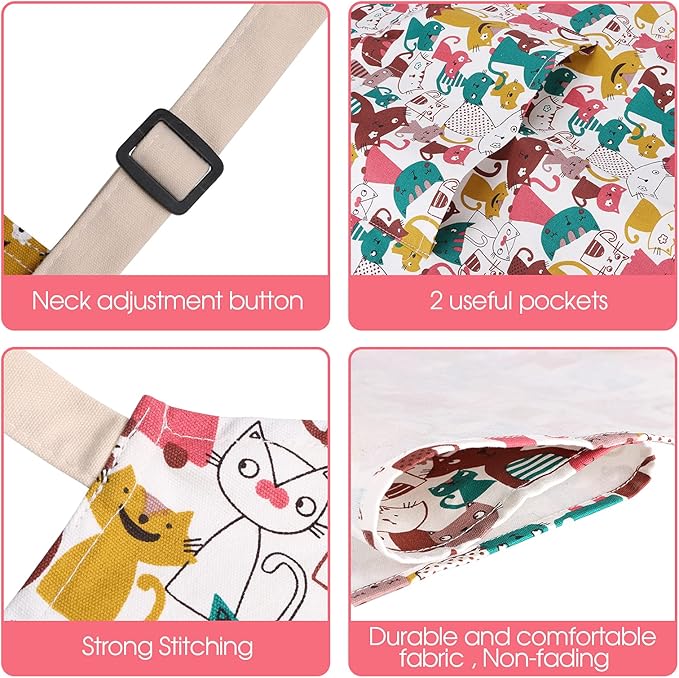 Cute Apron with 2 Pockets for Women, Adjustable Neck Strap and Long Waist Ties Cotton Cooking Baking Aprons, Use as a Kitchen and Chef Apron, Artist or Garden Aprons (Cat)