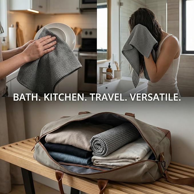 Pure Linen Small Bath Towels Set - 2-Pack 20x40-inch Quick Dry Towels for Sensitive Skin - Thin Towels for Bathroom - Lightweight Waffle Weave Towel for Kids Black-Natural