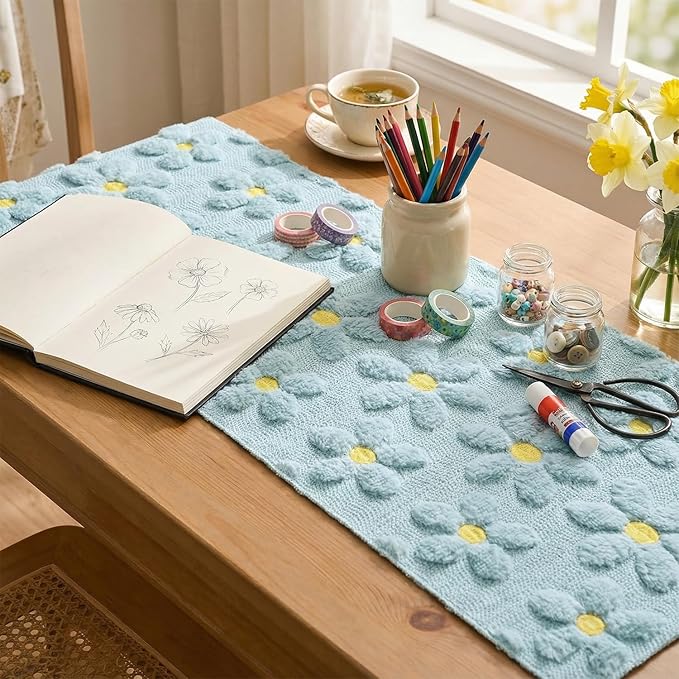 Artoid Mode Blue Soft Plush Faux Fur Jacquard Embroidery Daisy Spring Table Runner, Kitchen Dining Table Decoration for Home Party Decor 13x60 Inch