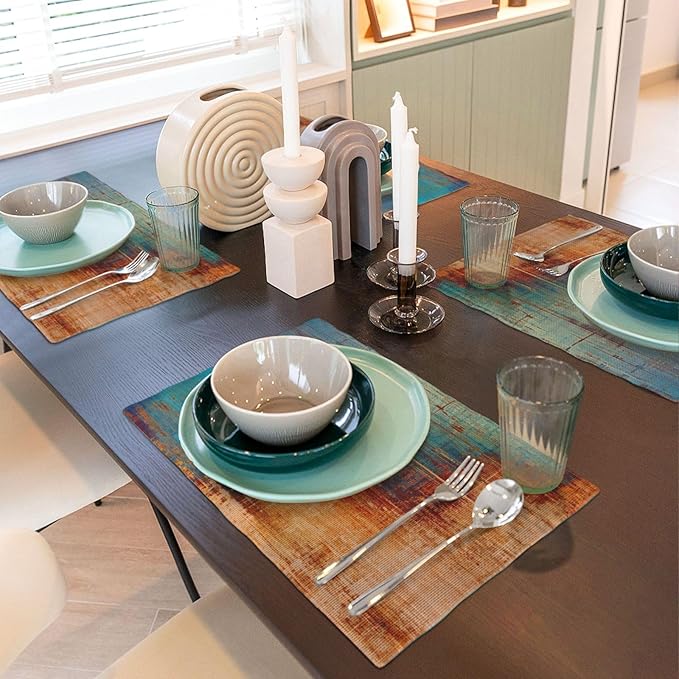 Blue and Orange Vintage Abstract Placemats Set of 4 Messy Rust Painting Linen Washable Placemat Modern Grunge Art Kitchen Dining Heat-Resistant Place Mats Desktop Decor Table Mats 12x18 Inch