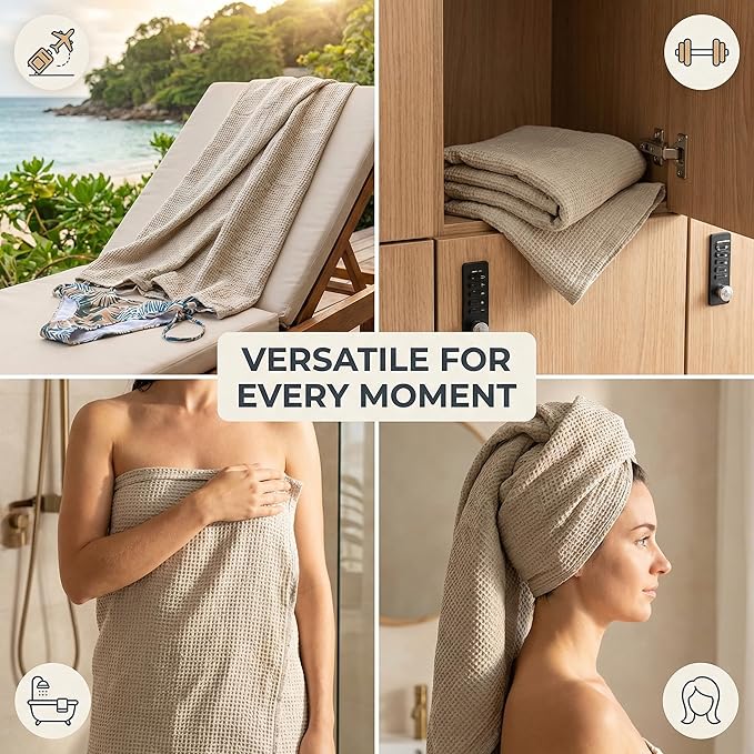 Pure 100% Linen Bath Towel - 30x60-inch Lightweight Travel Towel - Linen Beach Towel Waffle Weave Quick Dry Hair Towel - Thin Towels for Bathroom
