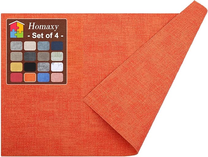 Homaxy Faux Leather Heat Resistant Placemats for Dining Table Set of 4, Waterproof Wipeable Washable PU Table Mats, Easy to Clean Anti-Slip Place Mats, 11.8" x 17", Orange