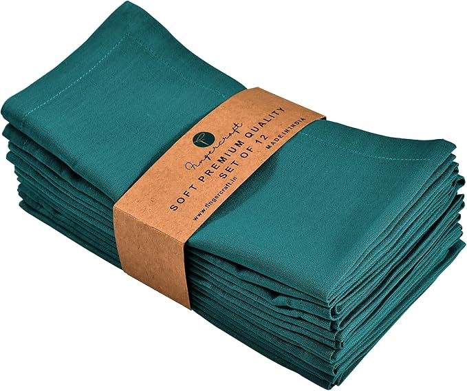 FINGERCRAFT Dinner Cloth Napkins, Cotton Linen Blend Mitered Corner Napkins Cloth 12 Pack Natural Premium Quality for Every Day Use, Parties, Easter, Thanksgiving, Weddings, 18x18 inch Teal Green