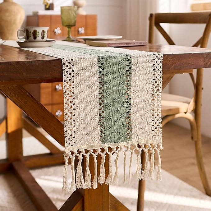 Niviy Sage Green Table Runner 36 Inches Long with Tassels, Seasonal Spring Summer Washable Embroidered Striped Braided Green and Beige Boho Table Runners for Holiday Party 12 x 36 Inches