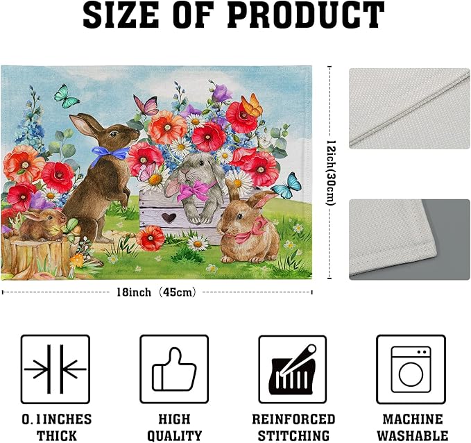 Easter Rabbit Floral Place Mats - Bunny Placemats Set Spring Flowers Colth Table Mats for Home Kitchen 12x18 in
