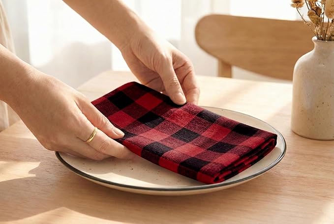 PurpleEssences Buffalo Plaid Cloth Napkins - Mitered Corners - Spring Easter Summer - Gingham Check Dinner Napkin - Set of 12-100% Cotton - 18x18 Inch - Reusable Washable - Red and Black
