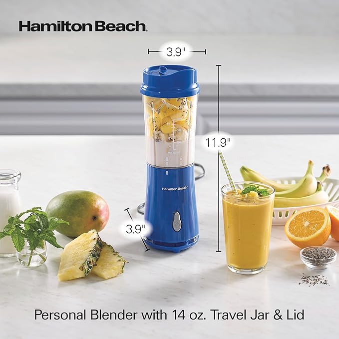 Hamilton Beach Portable Blender for Shakes and Smoothies, 14 Oz BPA Free Travel Cup & Lid, Durable Stainless Steel Blades, Personal Smoothie Blender, Blue, 51132G