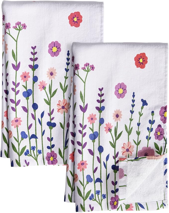 Miss Adola Cotton Kitchen Towels Set of 2 - Cute Design 16×26 Inch Dish Towels for Kitchen with Hanging Loop Purple Flower Quick Dry Hand Towels Soft & Absorbent, Terry Cloth Decorative Tea Towels