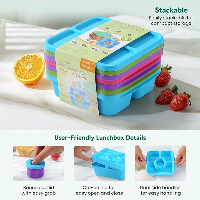 QQKO Bento Snack Box Containers for Adults Kids, Meal Prep Containers Reusuable Bento Lunch Box, Lunchable Food Storage Containers with Lids and Sauce Cups, Retro Blue