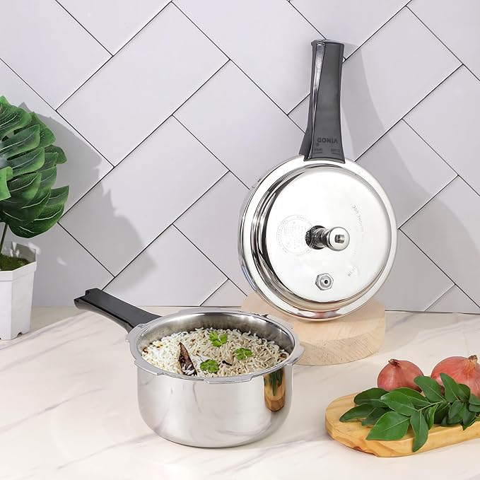 Vinod Platinum Triply Stainless Steel Outer Lid Pressure Cooker -68 oz , Induction Friendly, ISI Certified, Small Pressure Cooker for Quick Meals, Silver