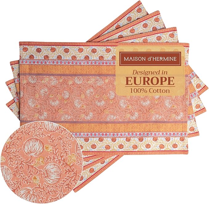 Maison d' Hermine Placemats Set of 4 100% Cotton Washable Cloth Place Mats, Reusable Table Mats for Thanksgiving Christmas Decorations Kitchen Dining Party Wedding (Harvest Festival, 13" x 19")