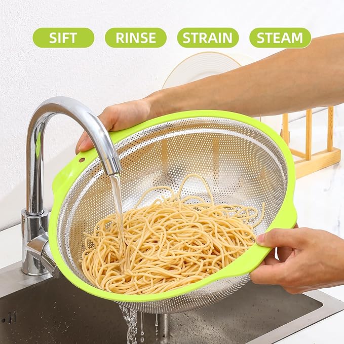 Colander Stainless Steel Microporous, 2QT Rice Strainer with Mixing Bowl, Rice Washer Bowl Set with Handle, Food-Grade Strainers and Colanders for Kitchen, Pasta, Fruit, Dishwasher Safe
