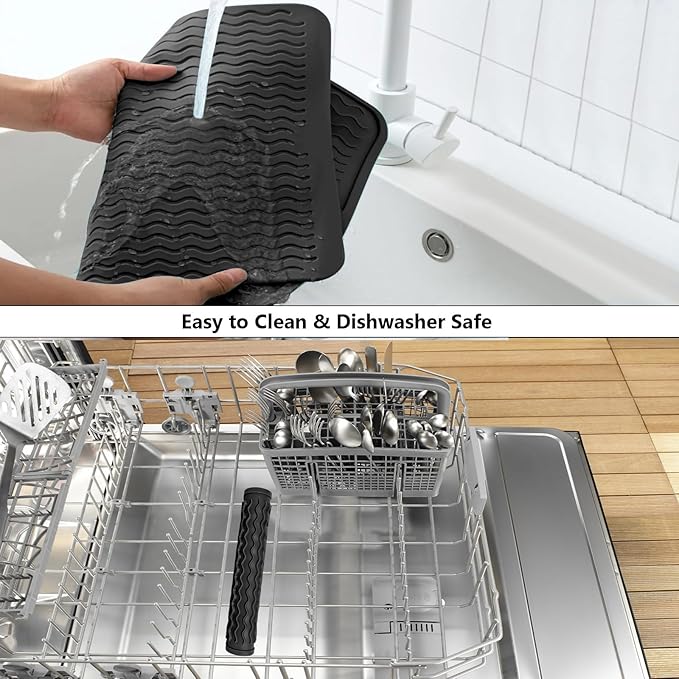 ZLR 2 Pcs Silicone Dish Drying Mat & Heat Resistant Trivet (12" x 16") - Waterproof Counter Protector for Coffee Maker - Non-Slip, BPA Free Kitchen Pad, Easy Clean Dishwasher Safe (Black)