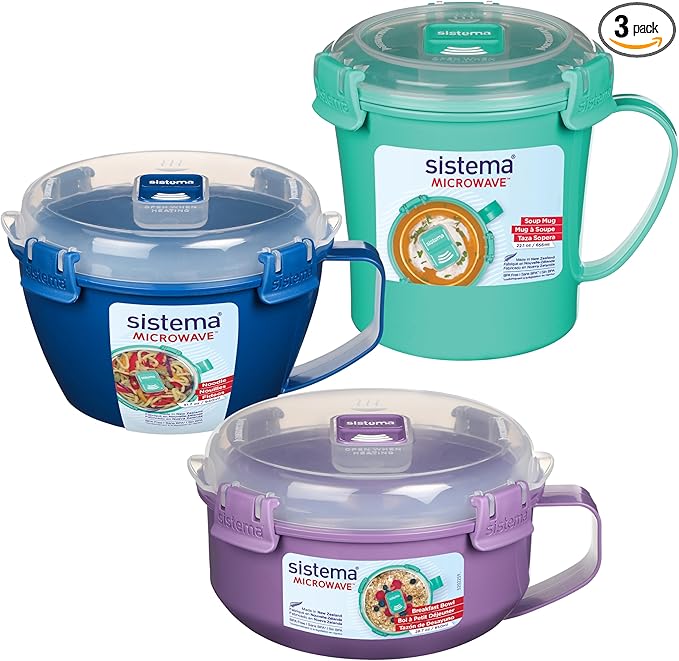 Sistema Microwave Containers | Soup Mug, Porridge Bowl & Noodle Bowl | Food Containers With Steam Release Vents | BPA-Free | Red | 3 Count