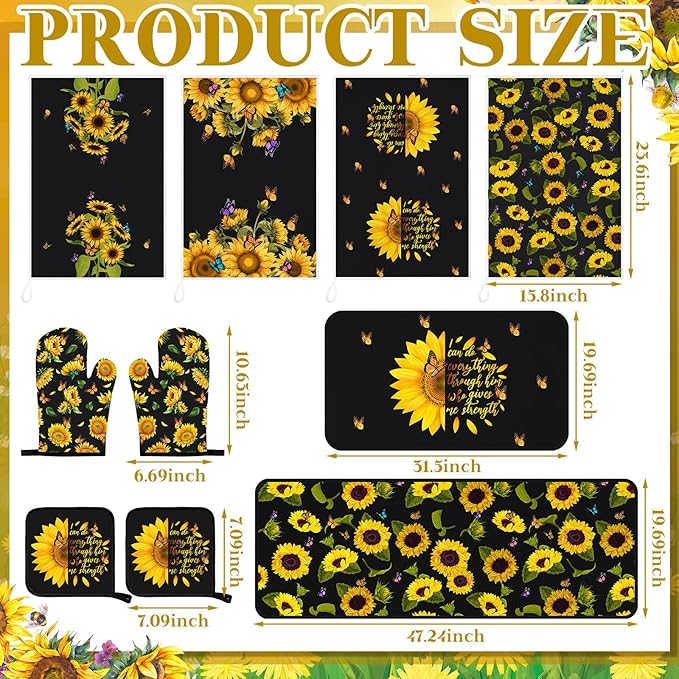Fourluoo 10 Pcs Sunflower Kitchen Decor Sunflower Oven Mitts and Pot Holders Set Black Dish Towels Summer Rugs Mats Farmhouse Kitchen Accessories for Chef Baking Cooking Grilling BBQ Women Home Gift