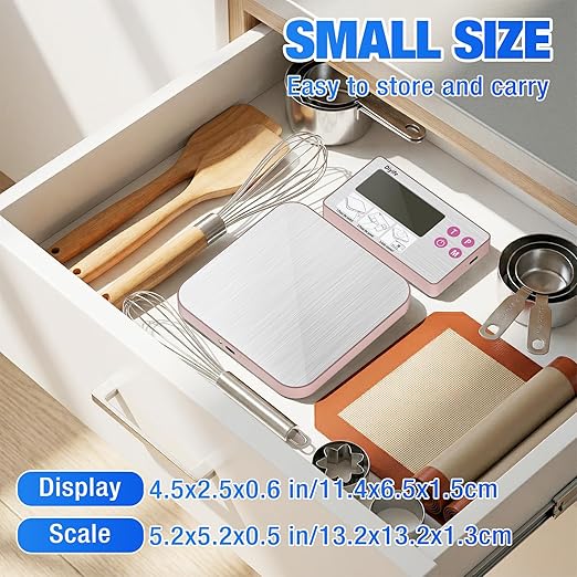 33lb Rechargeable Kitchen Scale, Diyife 304 Stainless Steel Food Scale with Detachable Display, 1g/0.1oz Precise Graduation, Magnetic, Backlit LCD, Tilt Stand, for Baking, Cooking, Meal Prep (Pink)