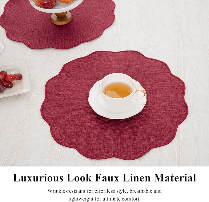 SHACOS Scalloped Round Placemats Set of 6 Polyester Linen Blend 15 inch Washable Non Slip Place Mats Easy Clean Heat Resistant Table Mats for Kitchen Dining Table Decor, Red