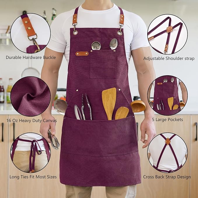 Aoomzoon Canvas Aprons for Men Chef Apron, Work Apron with Large Pockets - 16oz Heavy Duty Cross Back, BBQ, Cooking