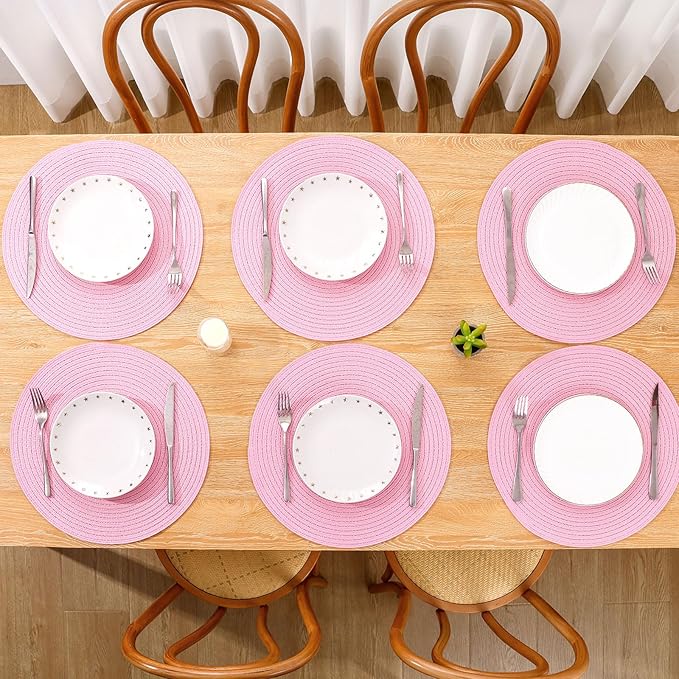 SHACOS Round Braided Placemats Set of 4 Washable 15 inch Round Table Mats for Dining Table Place Mats Home Wedding Party Decor (Pink, 4)