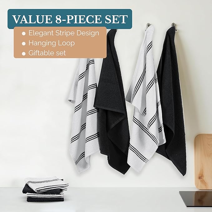 Casa Platino Dish Towels and Dish Cloths for Washing Dishes, 8 Piece Kitchen Towel and Dishcloth Set for Sinkside Duties – A Sleek Staple for Efficient Post-Meal Cleanup – Black