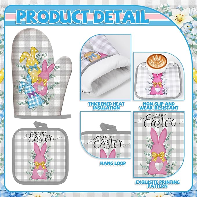 VitalCozy 10 Pcs Easter Bunny Kitchen Decor Set 4 Kitchen Towels 2 Pot Holders 2 Oven Mitts 2 Rugs for Gift Cooking Baking Grilling Housewarming