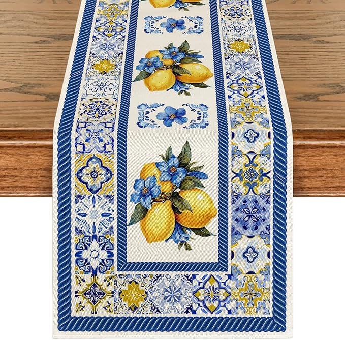 Artoid Mode Lemon Flowers Blue and White Porcelain 210 GSM Summer Table Runner, Seasonal Spring Kitchen Dining Table Decoration for Home Party Decor 13x90 Inch