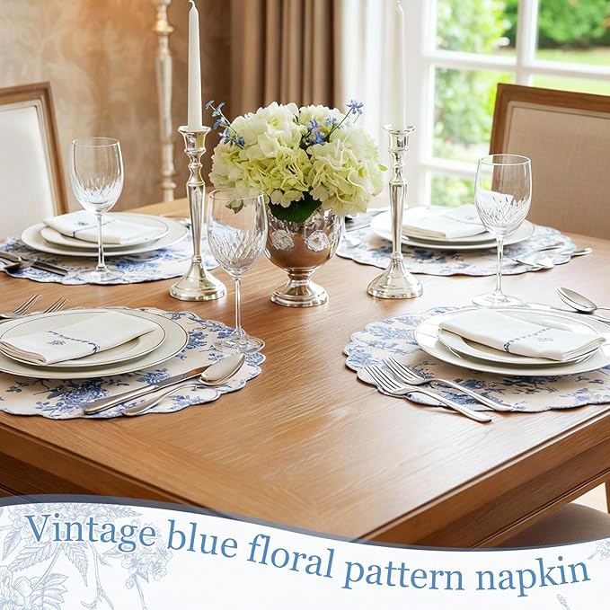 Set of 6 Round Placemats 15 Inch Cotton Scalloped Embroidery Placemat Washable Double Layered Rustic Dinner Table Mat Decor Fabric for Hotel Restaurant Kitchen(Floral/Blue,Classic)