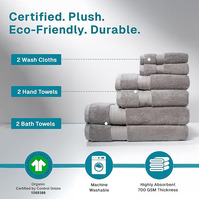 Fabdreams 100% Organic Cotton Bath Towel Set of 6 700 GSM Hotel Premium Plush Absorbent Soft Durable Skin-Friendly Spa Quality Bathroom Comfort with 2 Bath 2 Hand Towels and 2 Wash Cloths Dark Grey