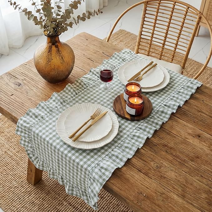 HunnmingRe 1 Pcs Sage Green Plaid Gingham Ruffle Table Runner 118 x 13.8'' Farmhouse Table Runner 100% Cotton Scalloped Long Dresser Scarves for Dining Room, Wedding, Kitchen Rustic Home Decor