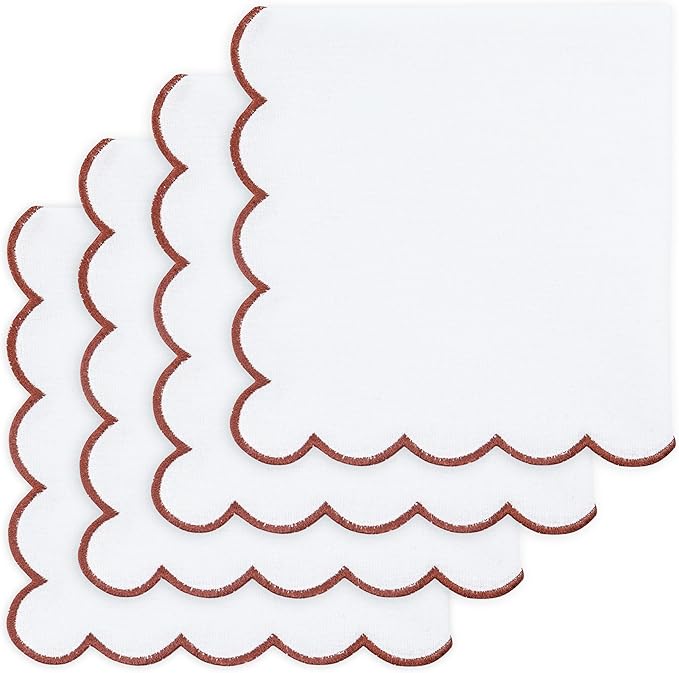 PurpleEssences Rust Scalloped Embroidery Cloth Napkins - Spring Easter Summer - Table Decor - 100% Cotton - Set of 4-18x18 inch - White - Edges - Rust