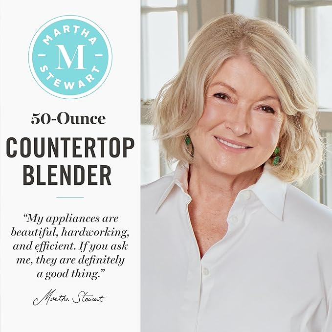 Martha Stewart Countertop Blender, 50oz Jar, 6 Stainless Steel Blades 3 Speeds & 5 Presets, Auto Clean, Smoothies, Crush Ice, Shakes, Chop, Margarita, Measurement Markings, 700W, Linen Cream