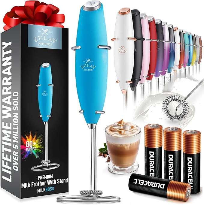 Zulay Kitchen Powerful Milk Frother Wand With 4 AA Duracell Batteries - Ultra Fast Handheld Drink Mixer - Electric Whisk Foam Maker for Coffee, Lattes, Cappuccino, Matcha & Creamer - Blue Teal