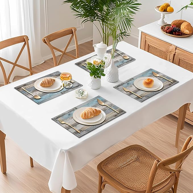 Grey Teal Placemats Farmhouse Blue Rustic Place Mats Vintage Country Style Decorative Table Mats Set of 4 - Linen Heat Resistant Wipeable Washable Dining Table Kitchen Placemats 12x18Inch